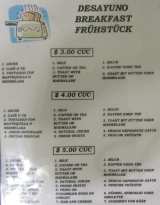 breakfast menu on the trip to Cuba